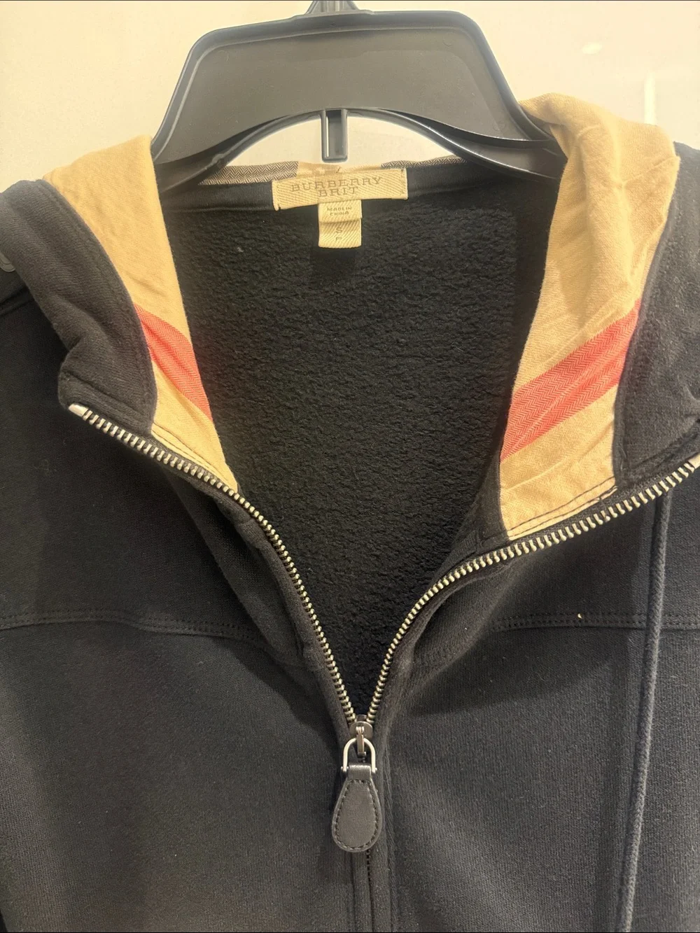 Burberry Brit Women’s Black Hoodie with Burberry Plaid Hood Lining sz S